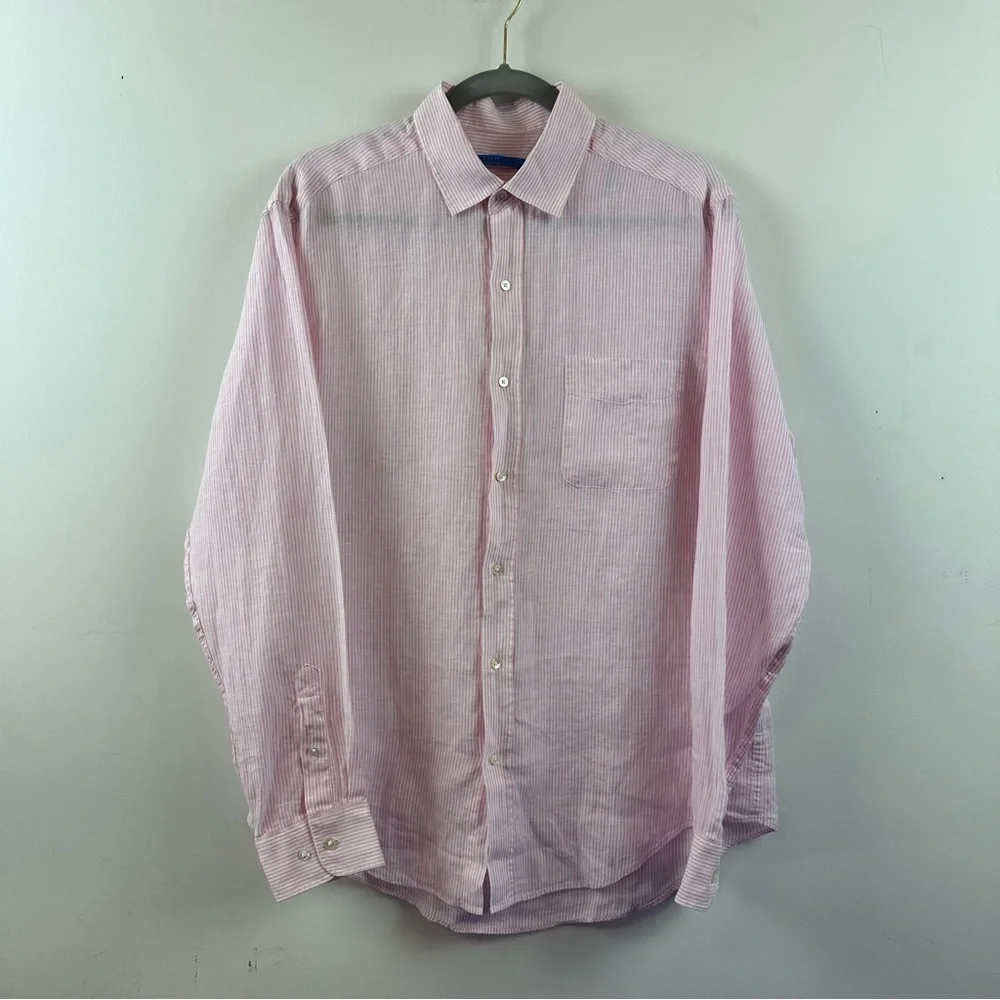 J.McLaughlin Pink Stripe Linen Shirt Size XL 100% Linen - Picture 2 of 6